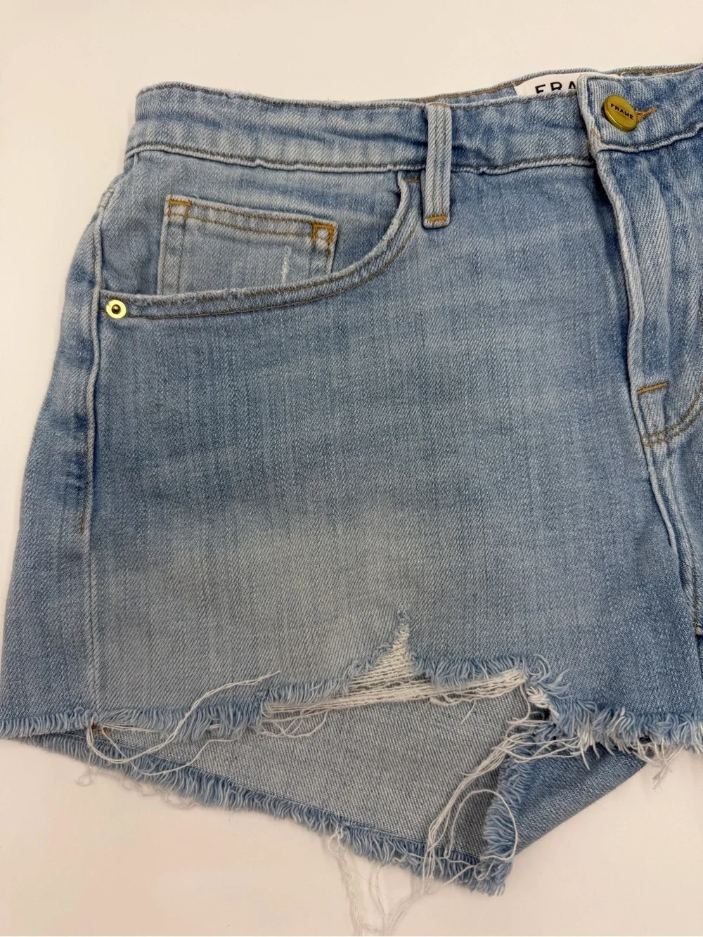 Frame Denim Shredded Raw-Edge Denim Shorts in Hurrah 26